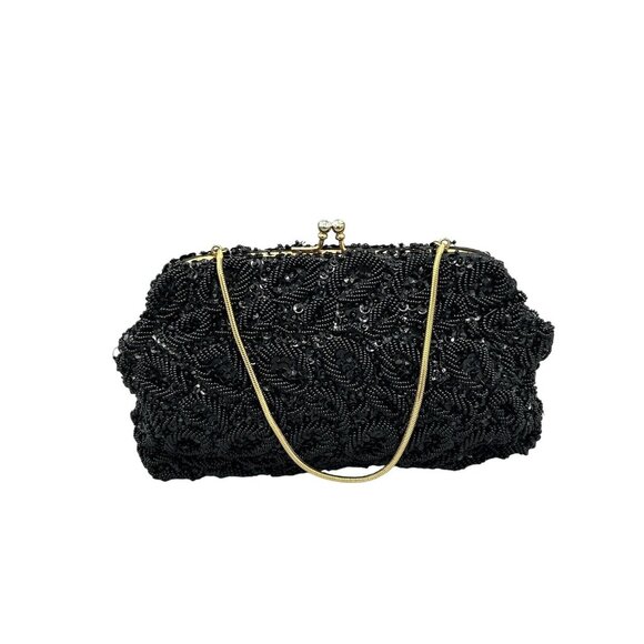 Evening Bag Black Beaded Kiss Lock Rhinestones Gold Chain Sequins See Photos Vtg - Picture 1 of 12